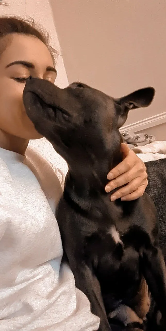 Jade kissing a black Staffy who leans in for the fuss